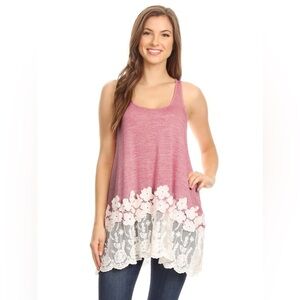 Umgee Pink Floral Lace Tunic Tank top Size Large